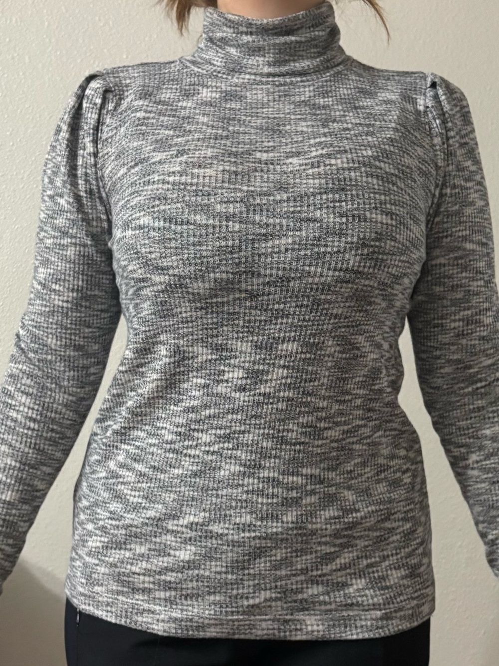 LOFT Grey Heather Space Dye Ribbed Puff Sleeve Turtleneck Top Sweater - Size S